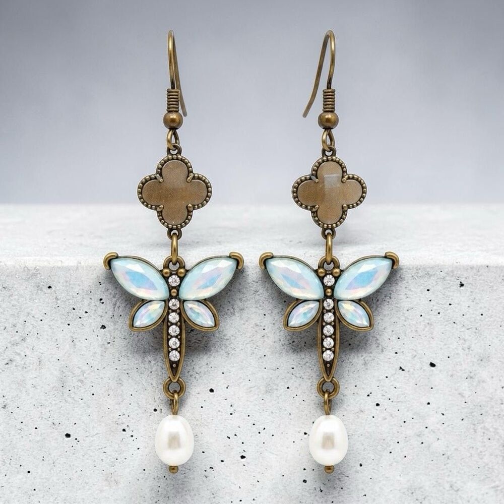Opal And Pearl Dragonfly Earrings Dangle Bling